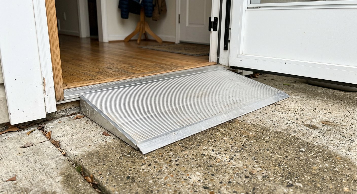 Aluminum threshold ramp at an exterior doorway