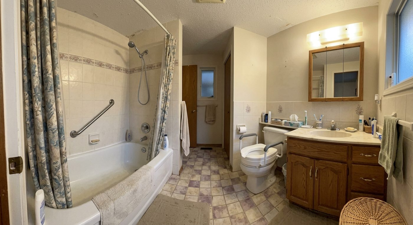 Bathroom with tub grab bar and raised toilet seat, full room view