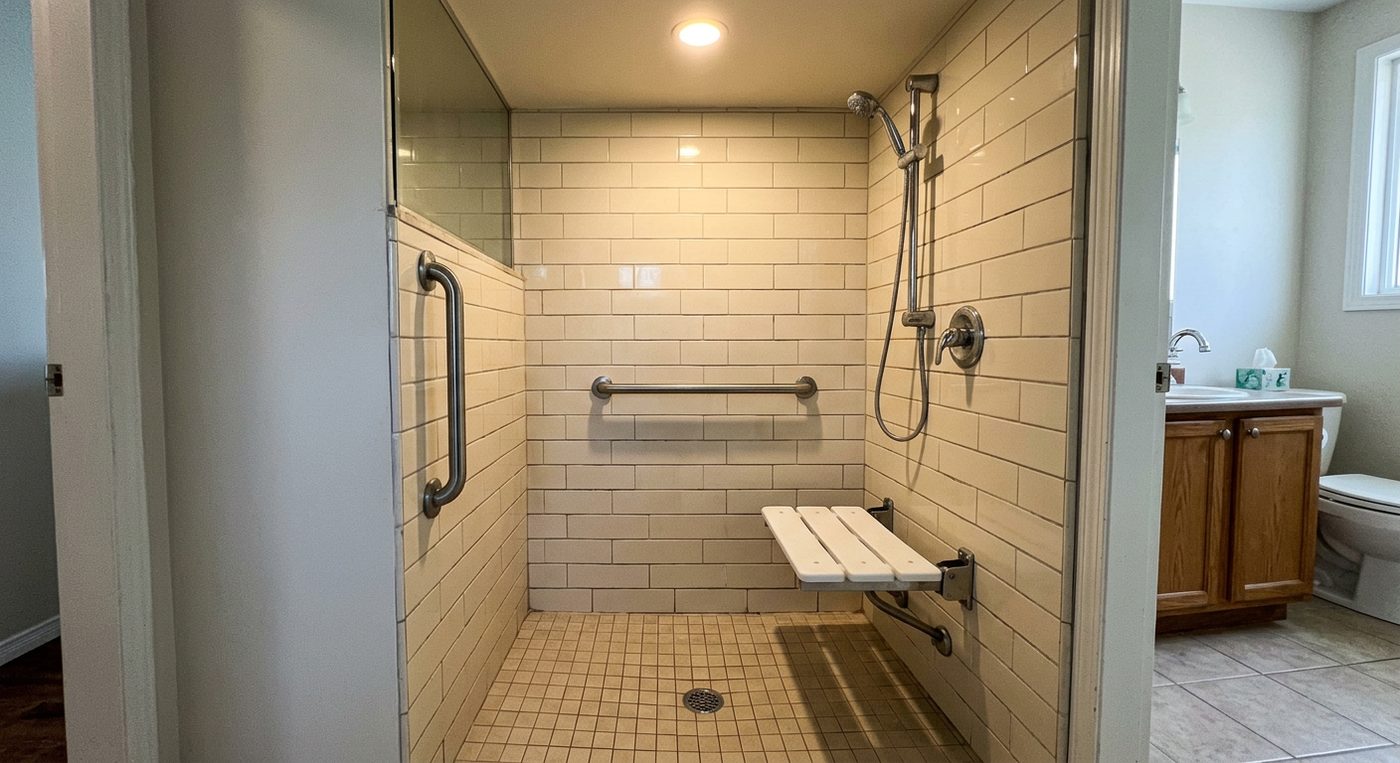 Curbless walk-in shower with grab bars and fold-down bench seat