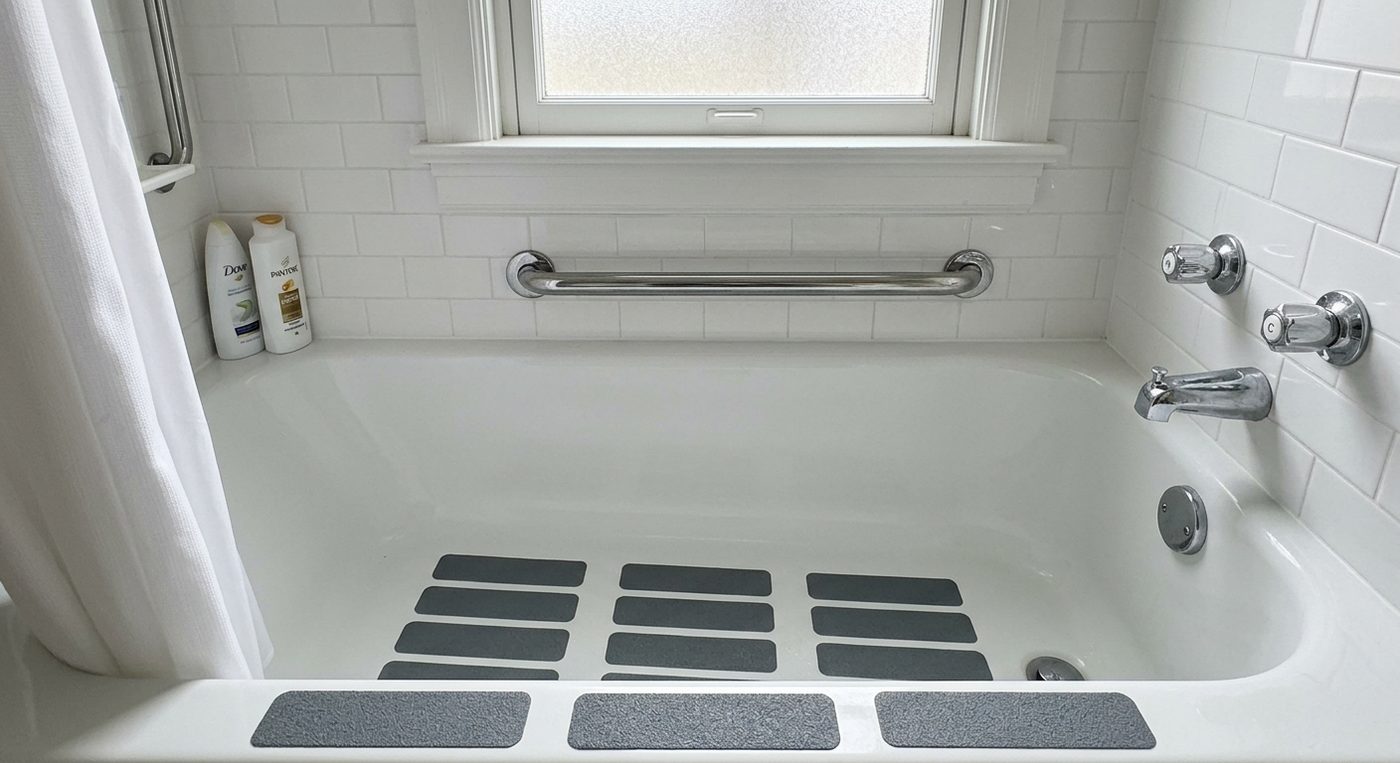Bathtub with grab bar and non-slip strips on tub floor and step