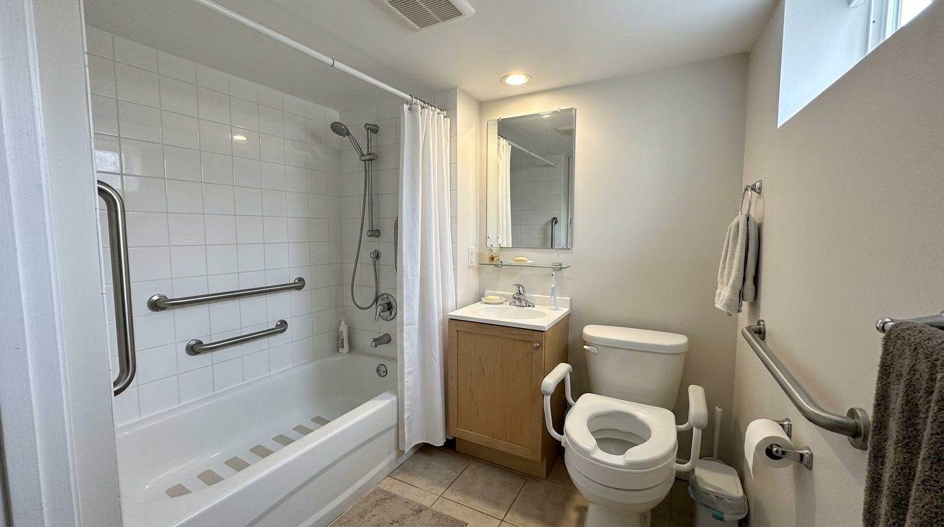 Bathroom with tub grab bars and raised toilet seat with armrests