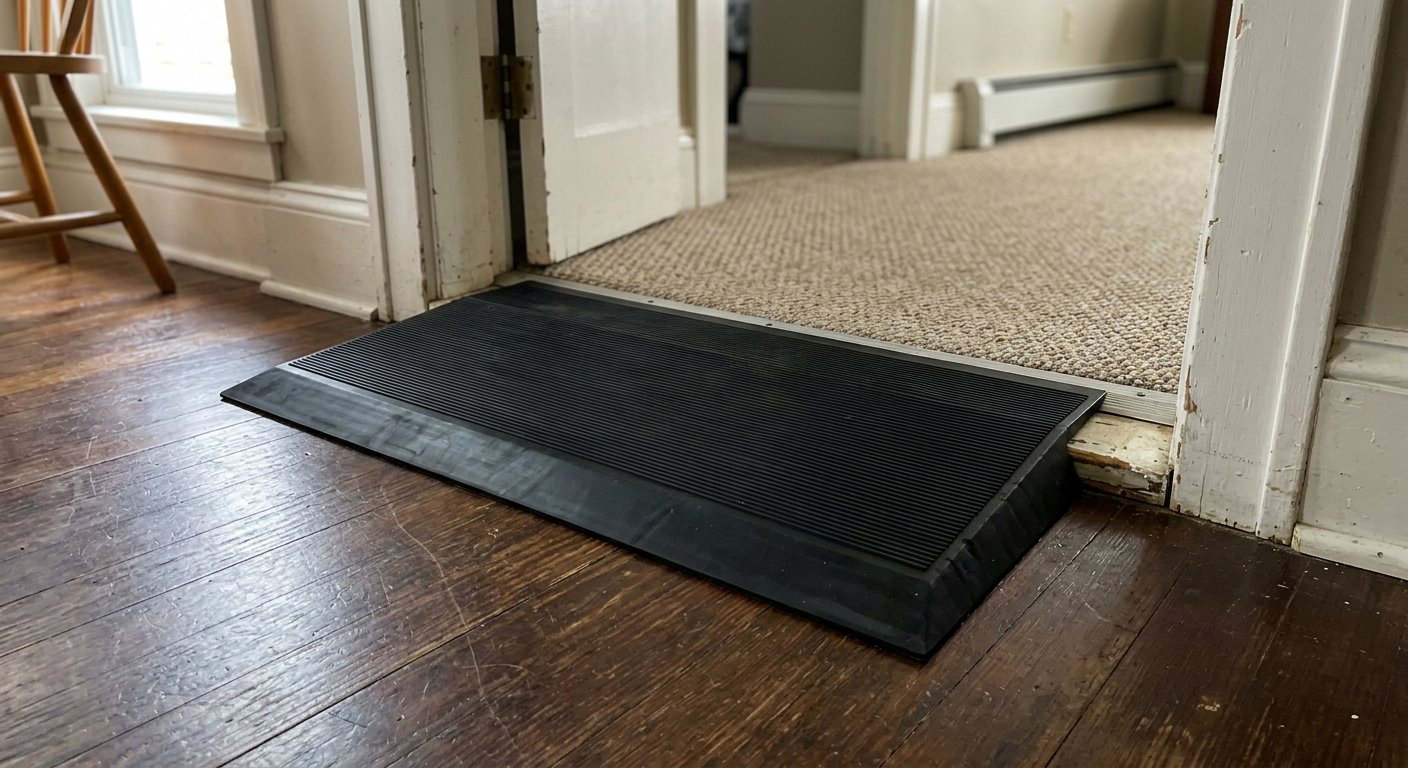 Black rubber threshold ramp bridging hardwood floor to carpet