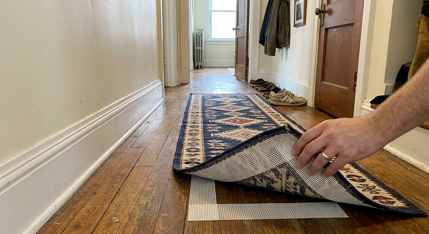 Area rug being secured with non-slip grip pad underneath