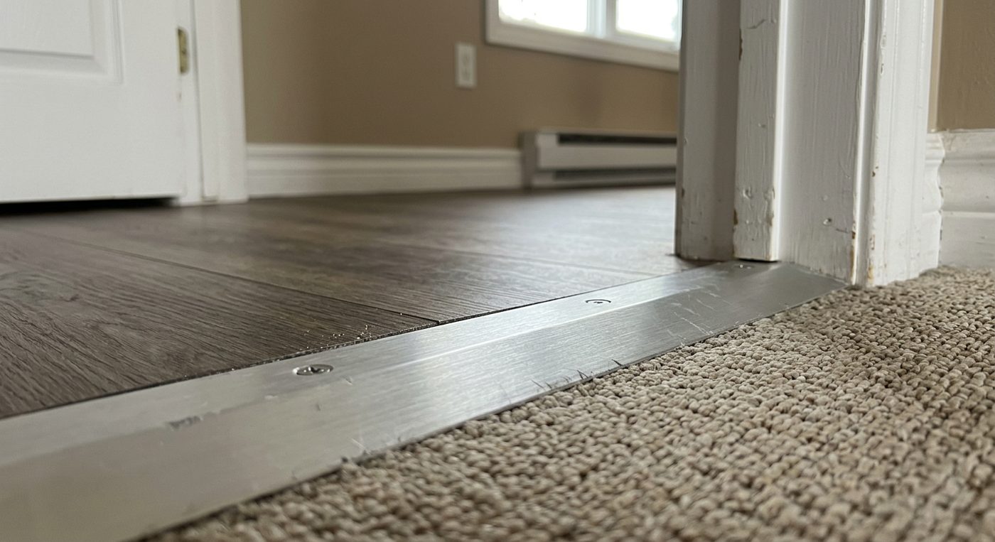Threshold ramp transition between hardwood floor and carpet