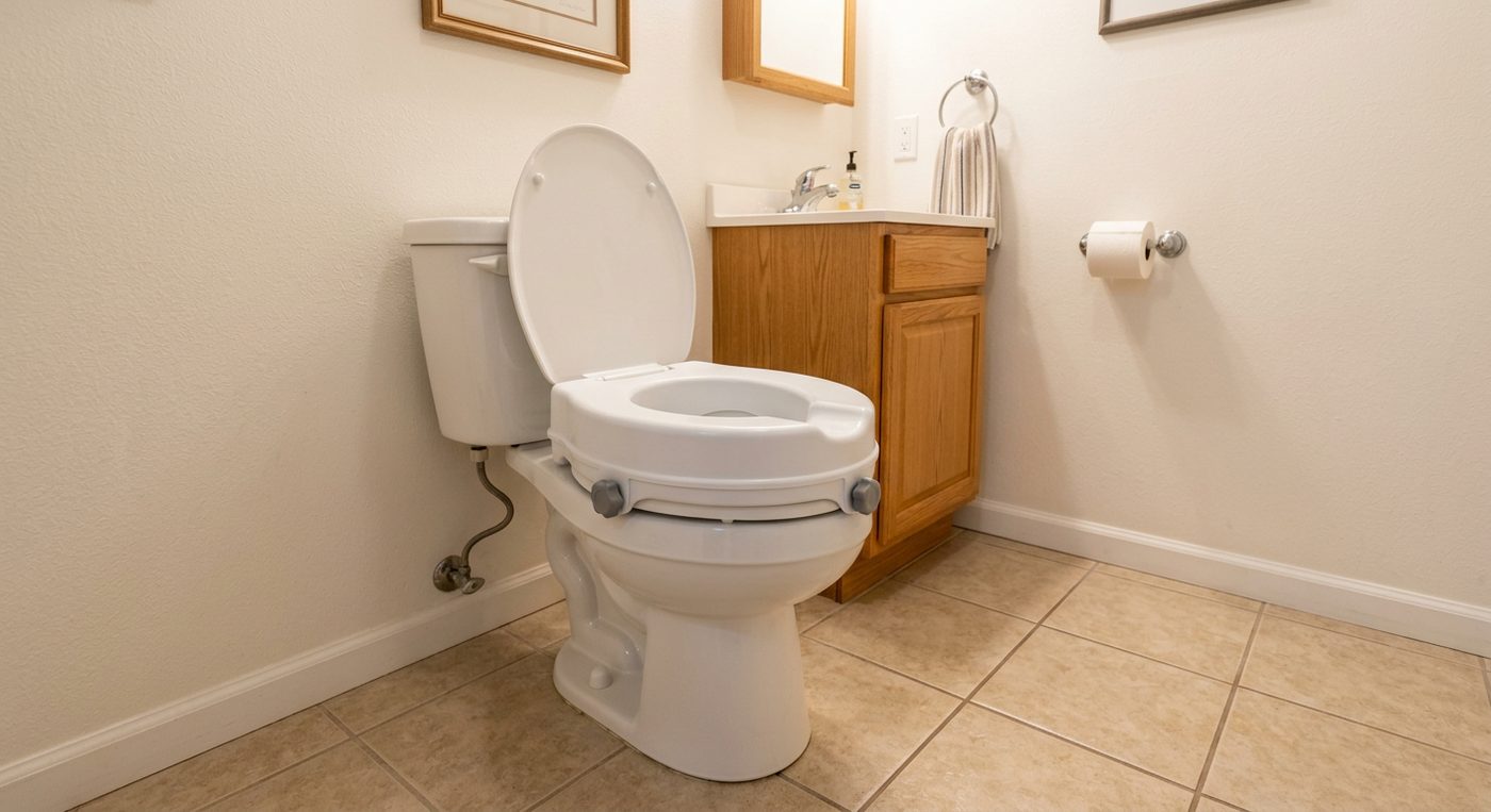 Raised toilet seat installed in a residential bathroom