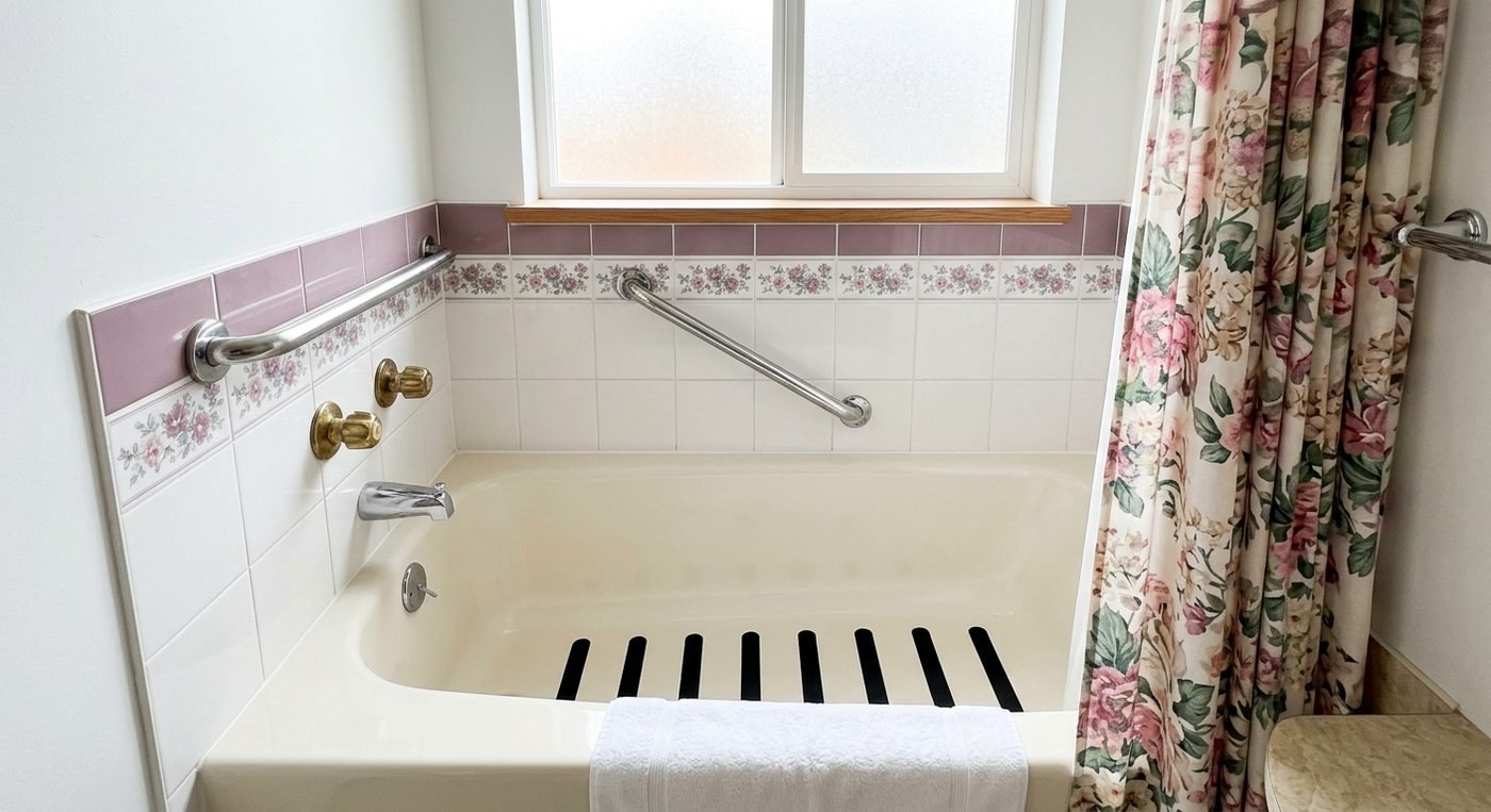 Vintage bathtub with two angled grab bars installed